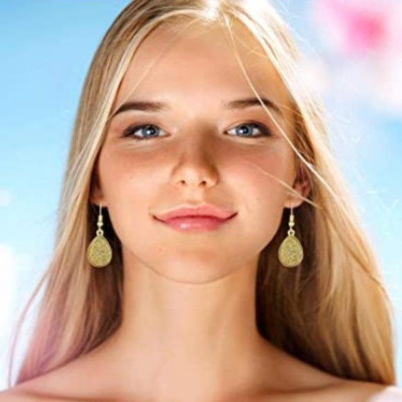 Gold Dangle Earrings Sparkle Earrings Gold Iridescent Shiny Earrings Drop Druzy - Picture 6 of 6